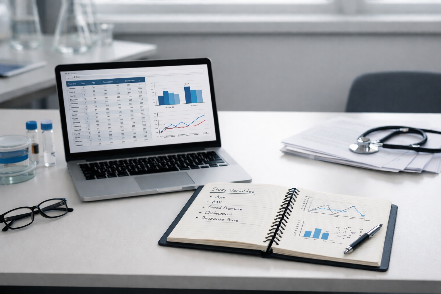 Modern Medical Research Workspace with Data Analysis Tools Minimalist medical research desk with a laptop showing data charts and a notebook of study variables under soft natural light.